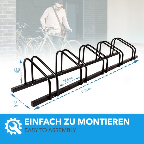 FLOORDIREKT Fahrradständer Linus - Boden- oder Wandmontage möglich - Schwarz - 5 Fahrräder