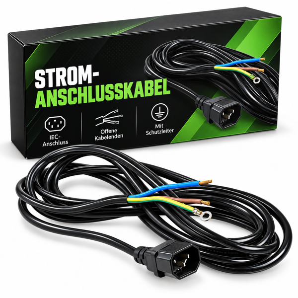Stromanschlusskabel mit IEC Stecker und offenen Kabelenden mit Aderendhülse sowie Schutzleiter in einer Produktverpackung.