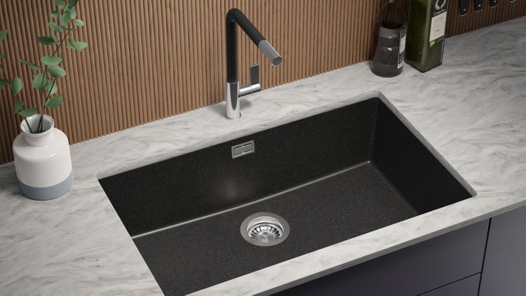 PRIMAGRAN Unterbauspüle Granit Anthrazit 76x47cm, Spülbecken 1 Becken + Küchenarmatur 40x20cm + Ablauf-Set, Granitspüle ab 80er Unterschrank - London