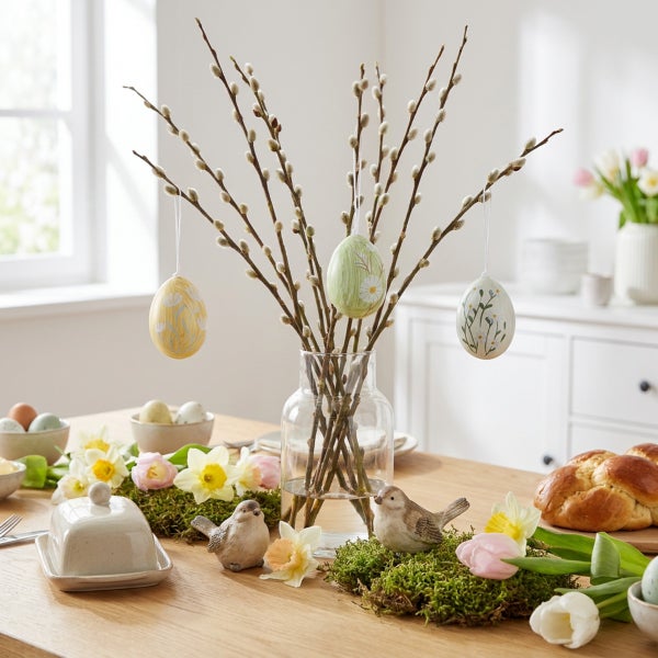 Osterdekoration mit Weidenkätzchenzweigen in einer Glasvase, geschmückt mit bemalten Ostereiern auf einem gedeckten Holztisch mit Frühlingsblumen.