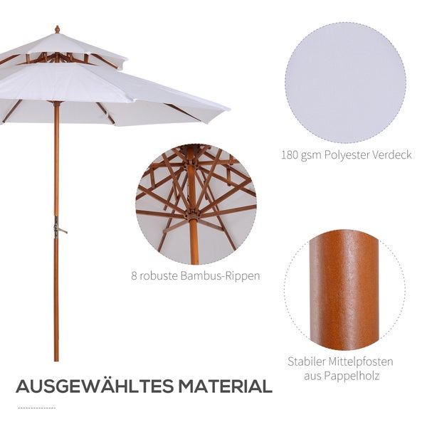 Outsunny Holz Sonnenschirm Holzschirm Gartenschirm Balkonschirm Doppeldach Creme