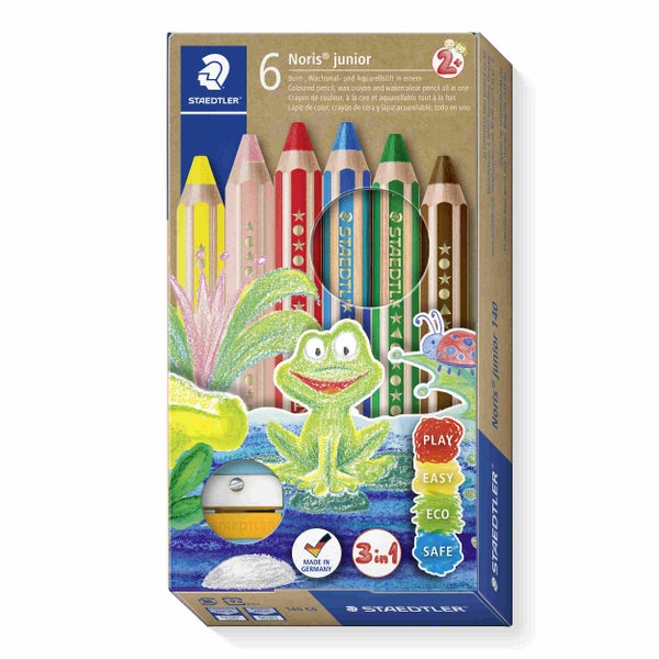 Staedtler Noris junior 3 in 1 Kindermalstifte, Set mit 6 Farben und einem Anspitzer, geeignet ab 2 Jahren, Made in Germany.