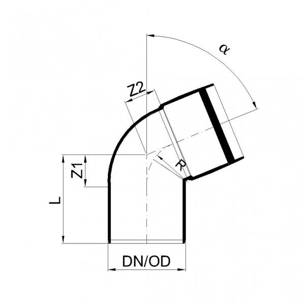 Technische Zeichnung eines Rohrbogens mit Bezeichnungen für Durchmesser, Länge, Radius und Winkel.