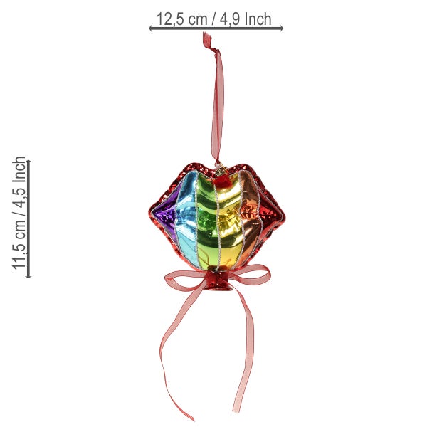 Mundförmiger Christbaumschmuck mit Regenbogenfarben und Schleife, circa 12,5 cm breit und 11,5 cm hoch.