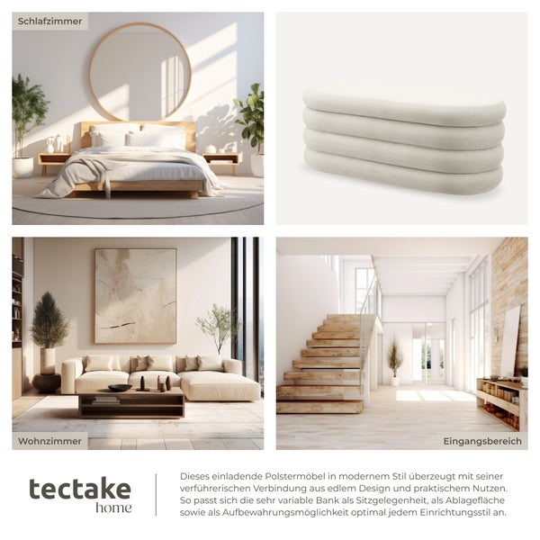 Moderne Polsterbank mit Rippendesign in Schlafzimmer, Wohnzimmer und Eingangsbereich. Tectake home Logo.