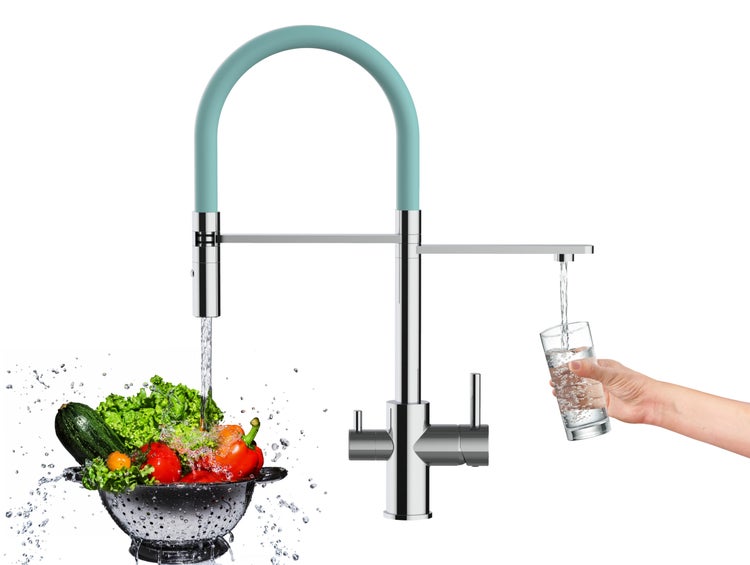 NIEDERDRUCK 3 Wege Wasserhahn Küchenarmatur, FL, mit 360° schwenkbarem Auslauf, abnehmbare 2 strahl Handbrause, Verchromt / Türkis