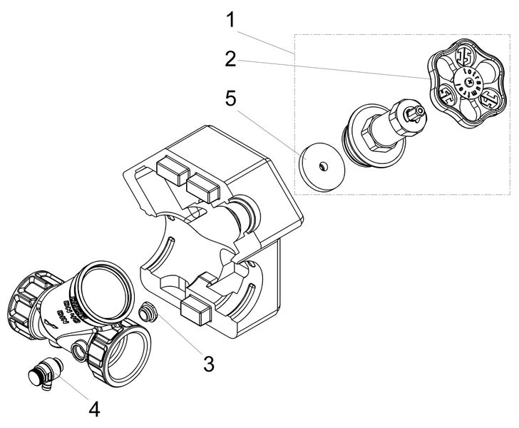Explosionszeichnung einer Armatur mit Handrad, Ventilgehäuse und Einzelteilen, nummeriert von eins bis fünf.