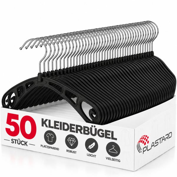 Set mit 50 Kunststoff Kleiderbügeln von Plastard in einer Box für platzsparende und robuste Organisation im Kleiderschrank.