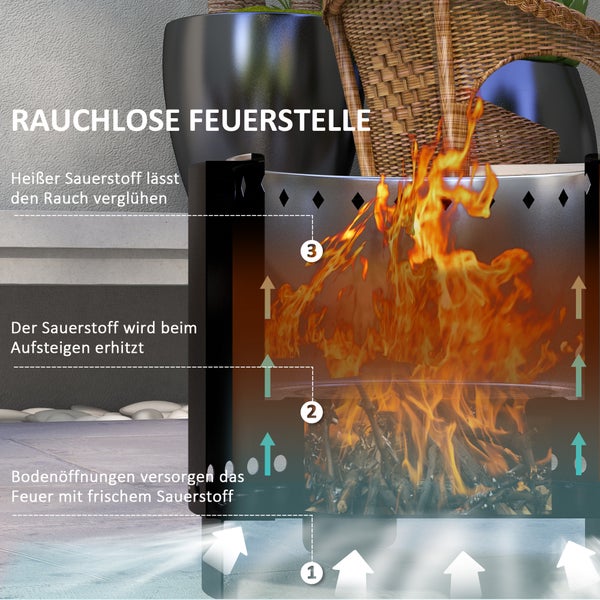 Outsunny Feuerschale, rauchfreier Tischfeuer, Ø45 cm Feuerstelle mit Griff, Schürhaken, Feuerkorb für Garten, Camping, Terrasse, Metall, Schwarz