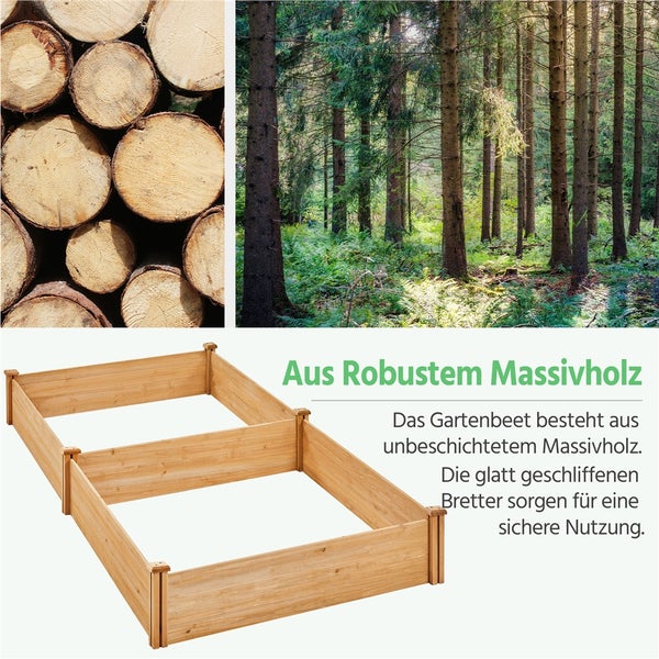 Hochbeet aus Massivholz mit Baumstämmen und Wald im Hintergrund