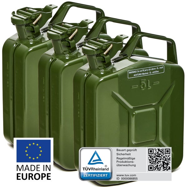 BW® Kraftstoffkanister Metall Benzinkanister 3x 5 Liter - Olivgrün - RAL 6003 - TÜV-geprüft und UN-Zulassung - Made in Europe