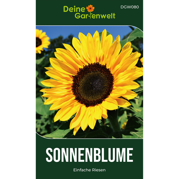 Samentüte für Sonnenblumen der Sorte Einfache Riesen von Deine Gartenwelt mit Abbildung einer blühenden Sonnenblume.
