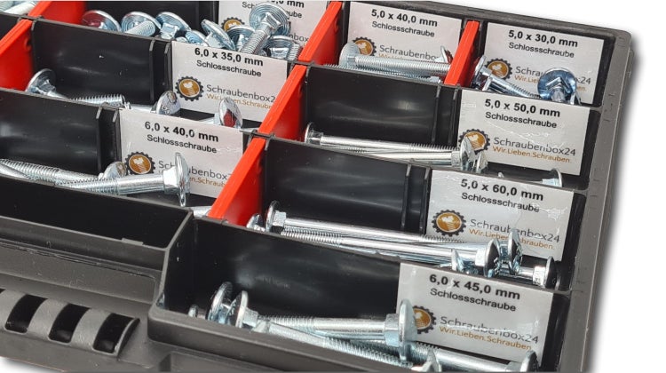 Flachkopfschrauben Sortiment M5-M6-M8 // 30mm-60mm 115 tlg. Schraubenbox DIN 603  Bolzen Vollgewindeschrauben Maschinenschrauben Gewindeschrauben Flachkopfschrauben