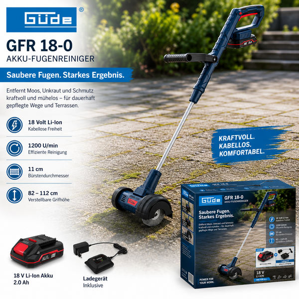 Güde Akku-Fugenreiniger GFR 18-0 Set mit 18 Volt Lithium-Ionen Akku, Ladegerät und verstellbarem Griff von 82 bis 112 Zentimeter. Güde Logo.