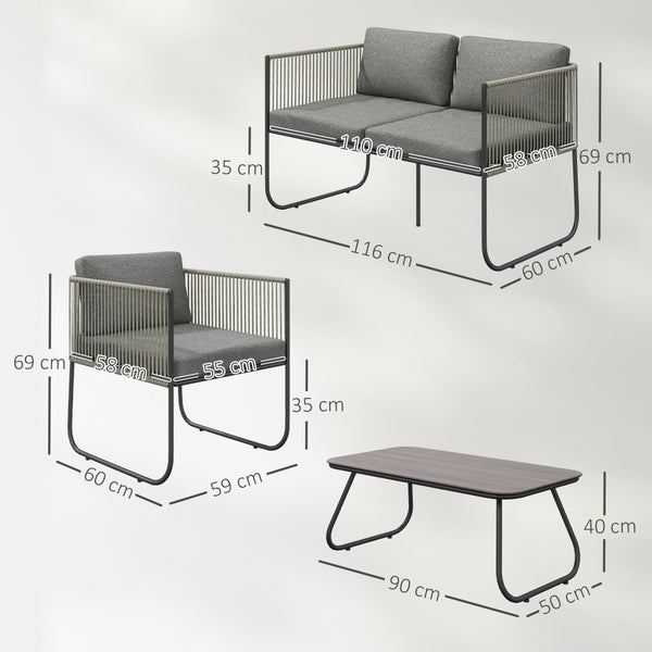 Gartenmöbelset mit Sofa, Sessel und Tisch mit Abmessungen
