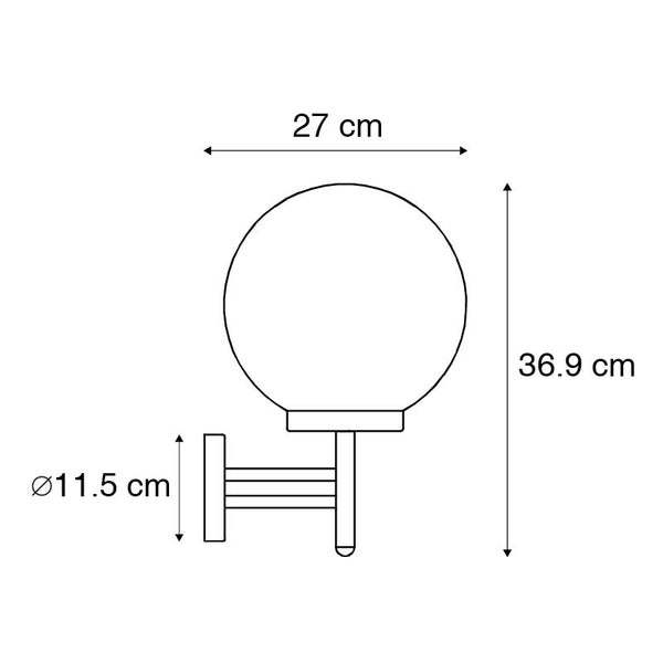 Technische Zeichnung einer Kugelwandleuchte: Breite 27 Zentimeter, Höhe 36,9 Zentimeter, Halterungsdurchmesser 11,5 Zentimeter.