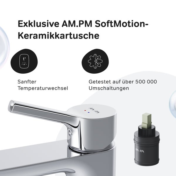 AM.PM SoftMotion Keramikkartusche für Armaturen mit Symbolen für sanfte Temperaturregelung und Langlebigkeit bei 500.000 Umschaltungen.