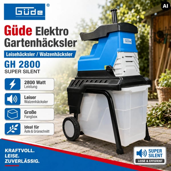Güde Elektro Gartenhäcksler GH 2800 Super Silent mit Walzensystem und großer Fangbox für Äste und Grünschnitt.