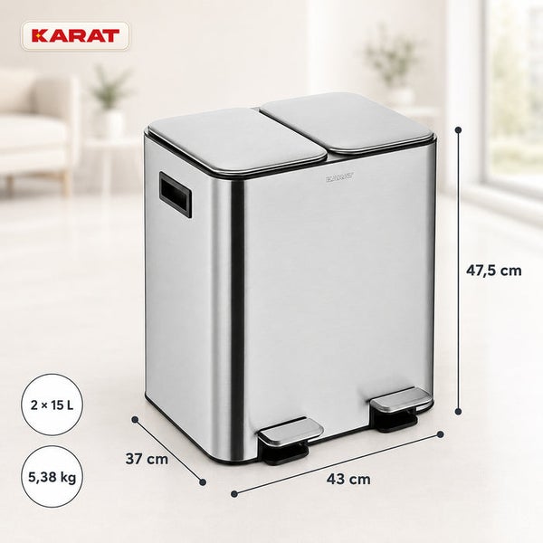 Karat Mülltrennsystem mit zwei 15 Liter Fächern aus Metall mit Trittmechanismus und Maßen 43 mal 37 mal 47,5 Zentimeter.