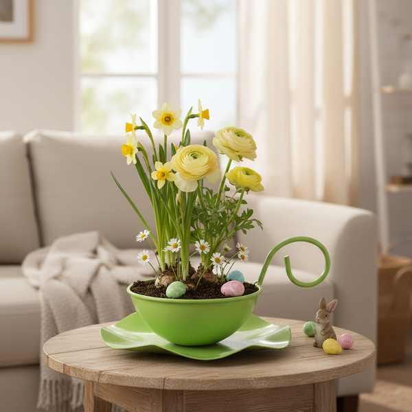 Ostergesteck in einer grünen Pflanzschale in Tassenform mit gelben Blumen und Eiern auf einem runden Holztisch im hellen Wohnzimmer.
