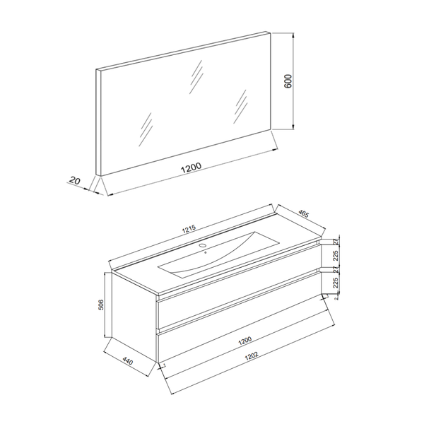 Technische Zeichnung eines Waschtischunterschranks mit Spiegel und Maßangaben