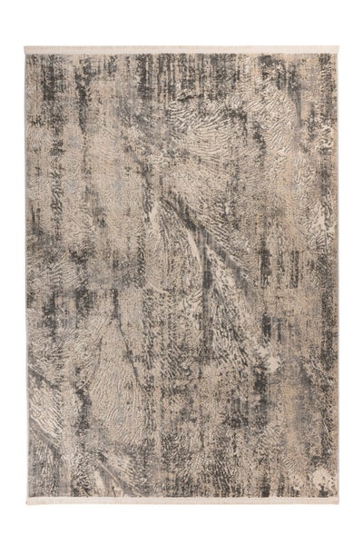 Rechteckiger Teppich mit abstraktem Muster im Vintage-Stil in Beige und Grau mit Fransen.