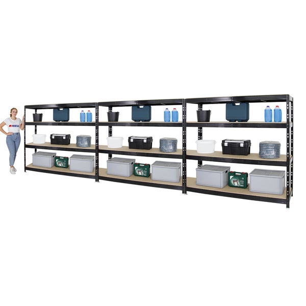 PROREGAL Mega Deal 3x Profi Schwerlastregal Rhino HxBxT 180 x 200 x 60 cm 4 Spanplatten-Ebenen 8mm Fachlast 500 kg Schwarz