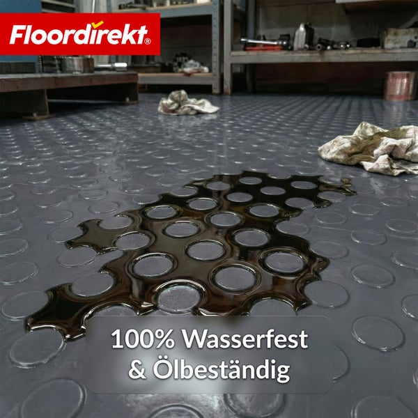 Boden mit Punktmuster und Ölfleck. Auf dem Boden liegt ein Tuch. Im Vordergrund steht der Text: 100 Prozent wasserfest und ölbeständig.