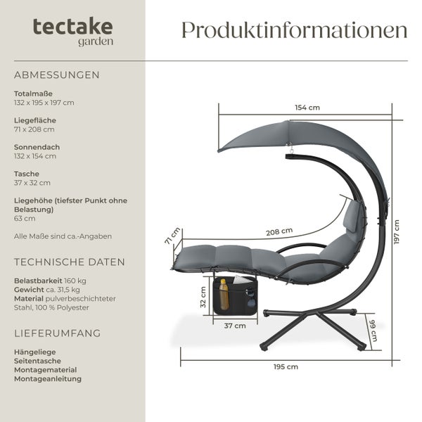 Hängeliege tectake Elaria 195 x 132 x 197 cm, mit Seitentasche großes Sonnendach mit UV-Schutz grau