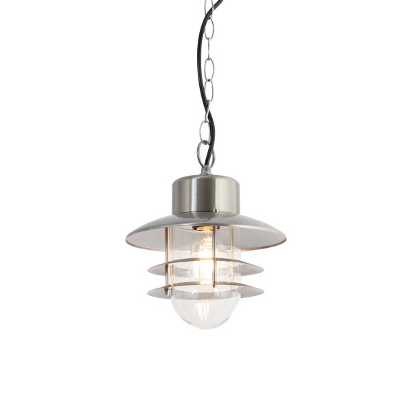 Maritime Hängeleuchte aus Metall mit klarem Glas und Kettengliedern.