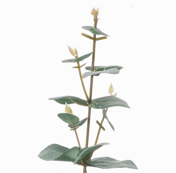 Künstlicher Eukalyptuszweig mit grünen Blättern und braunem Stiel.