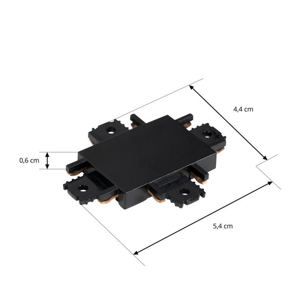 Schwarzer Schienenverbinder aus Kunststoff mit den Abmessungen 5,4 cm mal 4,4 cm mal 0,6 cm.