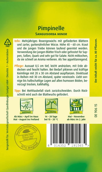 Rückseite einer Samentüte für Pimpinelle mit Anbau- und Pflegehinweisen sowie Informationen zu Aussaat, Keimung, Ernte und Saatgutqualität.