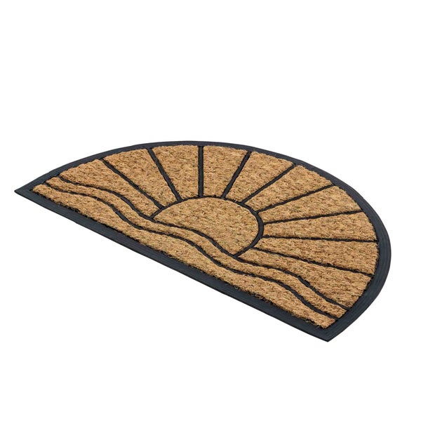 Halbrunde Fußmatte aus Kokosfaser mit Sonne und Wellen Muster