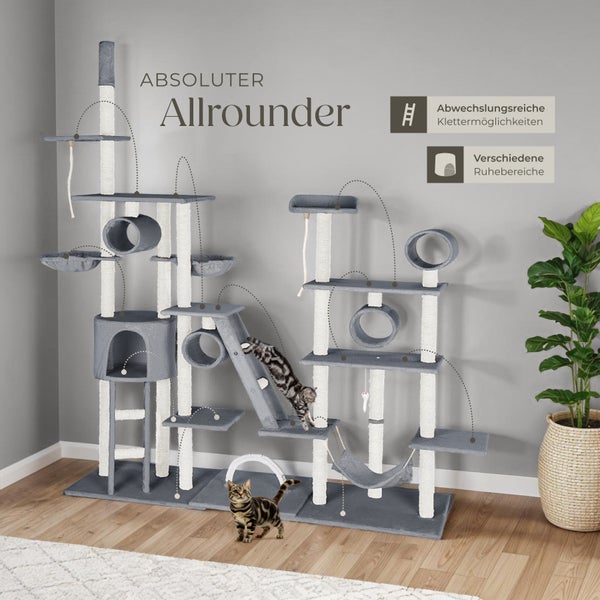 Kratzbaum tectake Snooky inklusive 2 Treppen, 2 Spielkordeln, Kratzbogen, Deckenspanner und Kippschutz 234 bis 261 cm grau