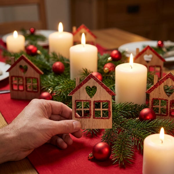 Hand platziert eine hölzerne Hausdekoration auf einem weihnachtlichen Tischschmuck aus Tannenzweigen, brennenden Stumpenkerzen und Kugeln.
