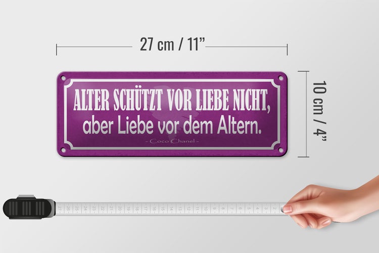 Blechschild Spruch 27x10cm Liebe vom Altern schützt nicht Dekoration
