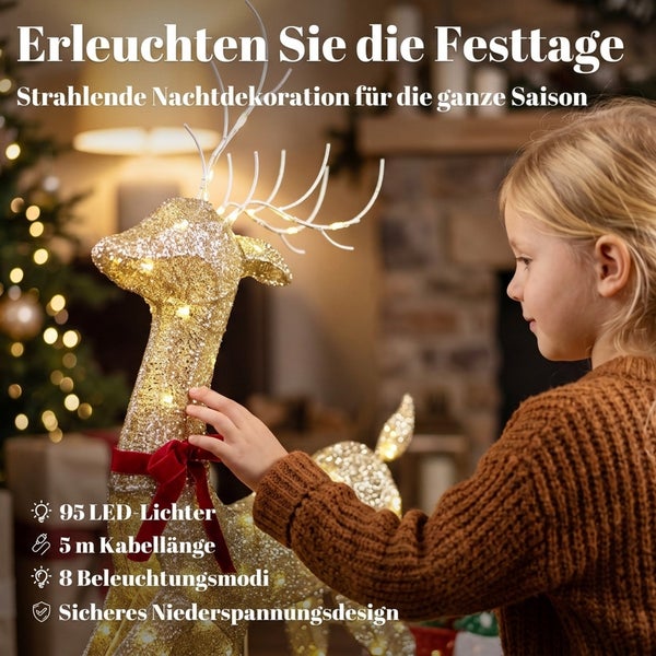 Ein Kind berührt ein leuchtendes Weihnachtsrentier mit 95 Leuchtdioden, 5 Meter Kabellänge und 8 Lichtmodi im Niederspannungsdesign.