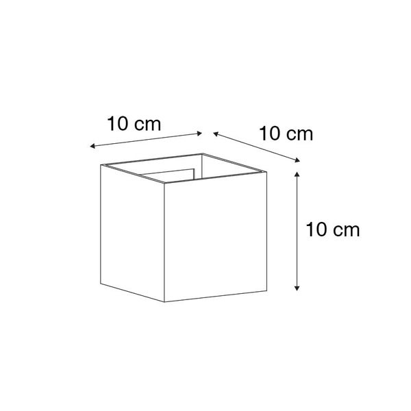 Maßzeichnung einer würfelförmigen Leuchte mit den Maßen: Breite 10 Zentimeter, Tiefe 10 Zentimeter und Höhe 10 Zentimeter.