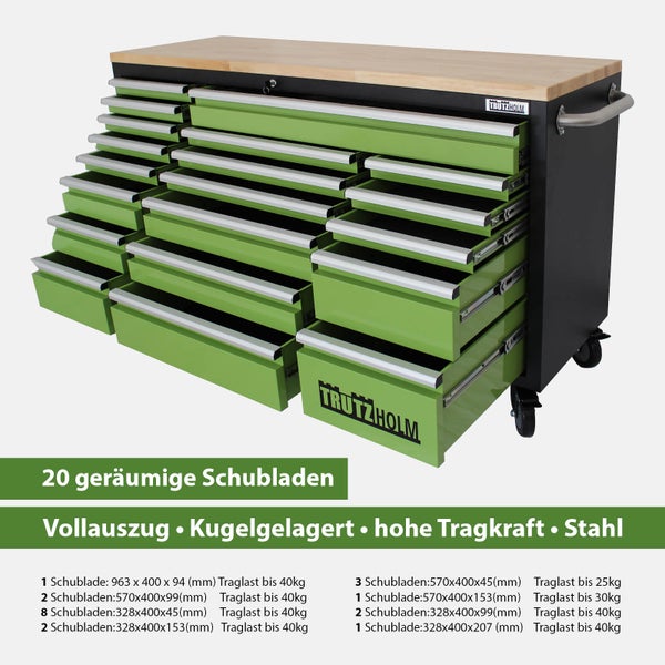 Trutzholm Werkstattwagen aus Stahl mit 20 Schubladen, Vollauszug, kugelgelagert und massiver Holz-Arbeitsplatte.