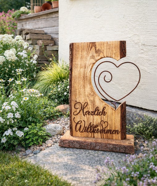 Willkommensschild aus Holz mit natürlicher Baumkante und Metallherz als Dekoration für den Garten
