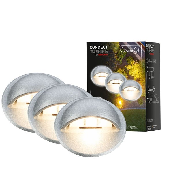 Briloner Connect to Shine LED-Außenwandleuchten Erweiterungsset, 3 Stück, rund, silberfarben, warmweißes Licht, inklusive Verpackung.