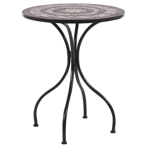 Runde Tischplatte mit Mosaikmuster aus Steinfliesen mit Stern- und Kreiselementen.