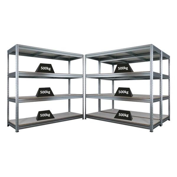 Zwei Metallregale mit vier Ebenen, jede Ebene ist mit 500 Kilogramm belastbar, für schwere Lasten