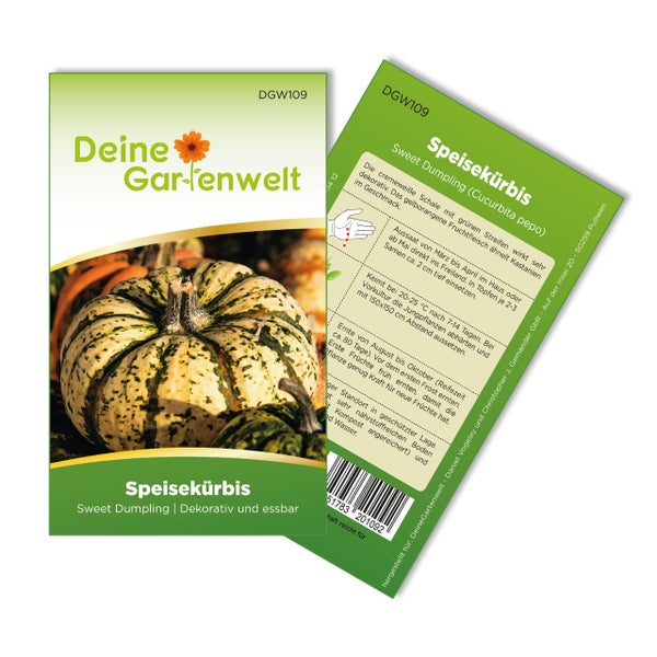 Samenpäckchen für Speisekürbis Sweet Dumpling von Deine Gartenwelt, dekorativ und essbar, mit Anbauhinweisen auf der Rückseite.