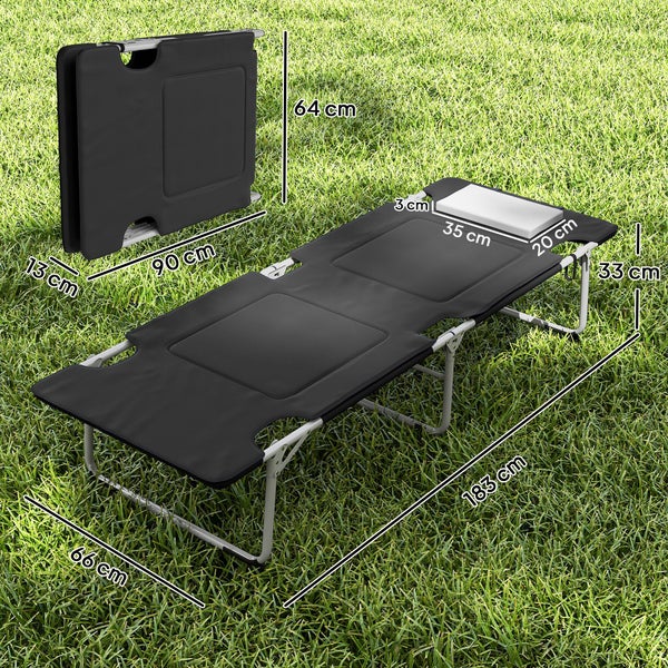 Schwarze, zusammenklappbare Campingliege mit den Maßen 183 mal 66 Zentimeter, zusammengeklappt 64 mal 90 Zentimeter