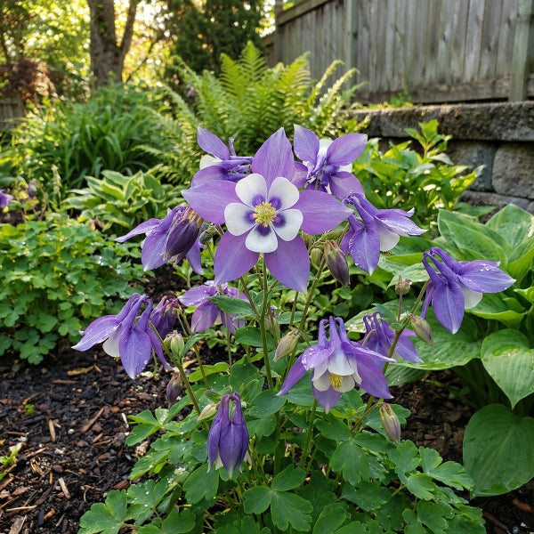 Blühende Akelei in Lila und Weiß in einem Gartenbeet mit Farnen, Hostas und Rindenmulch vor einer Steinmauer und einem Holzzaun.
