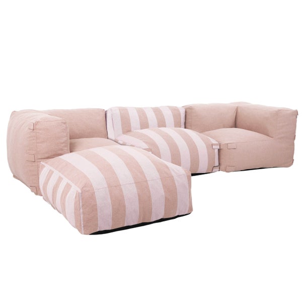Modulares Lounge-Sofa-Set aus Stoff mit gestreiften und einfarbigen Elementen in Rosa.
