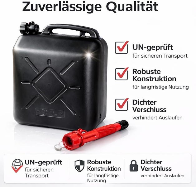 Schwarzer Kraftstoffkanister mit rotem Ausgießer und Qualitätsmerkmalen