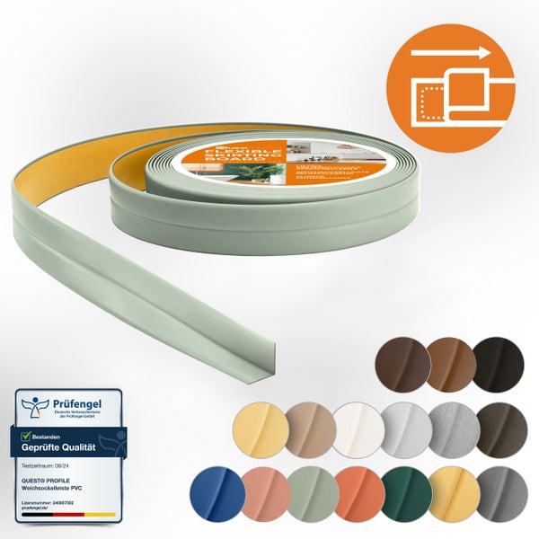 Flexible PVC Weichsockelleiste auf Rolle selbstklebend mit Prüfsiegel der Prüfengel GmbH für einfache Montage und Wandabschluss.